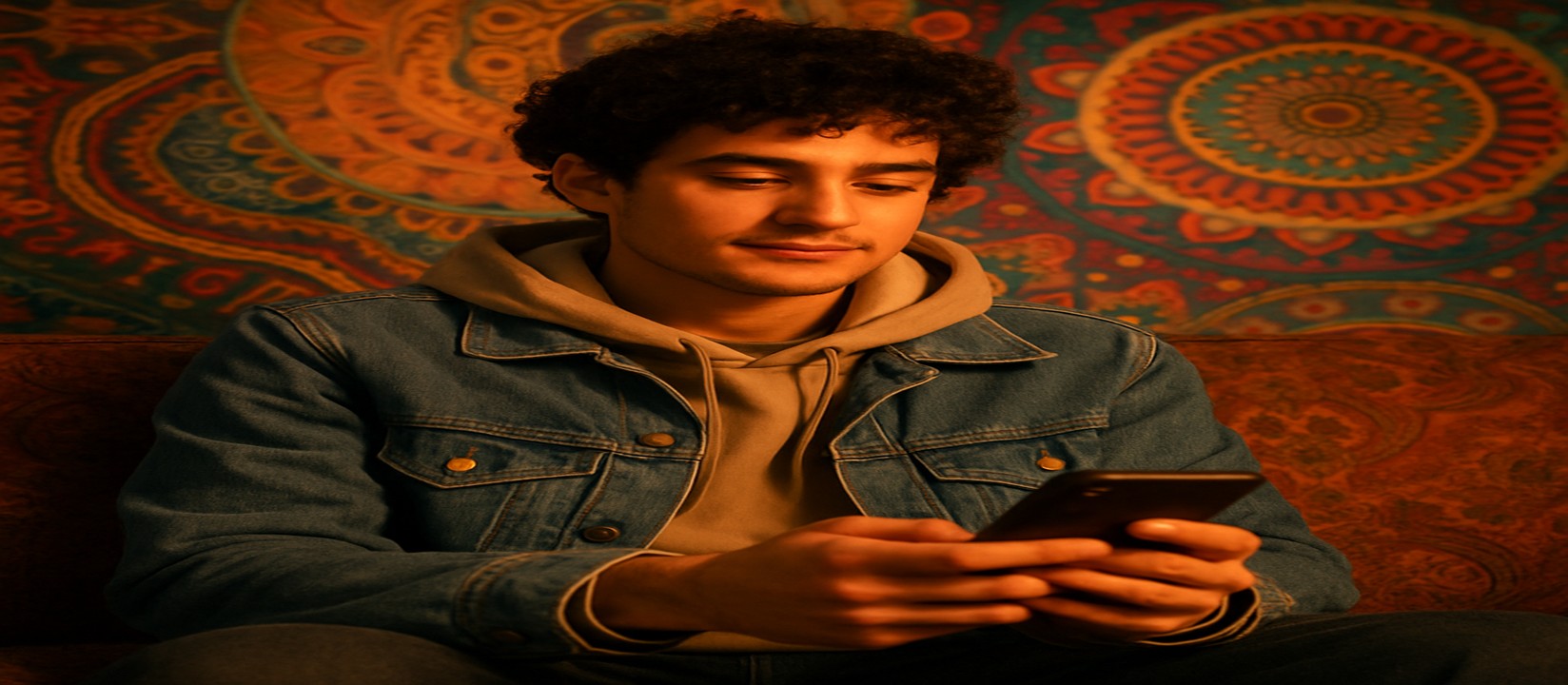 একজন ডেনিম জ্যাকেট পরা ব্যক্তি সোফায় বসে হাতে ফোন নিয়ে kg99999 অ্যাপে গেম খেলছেন