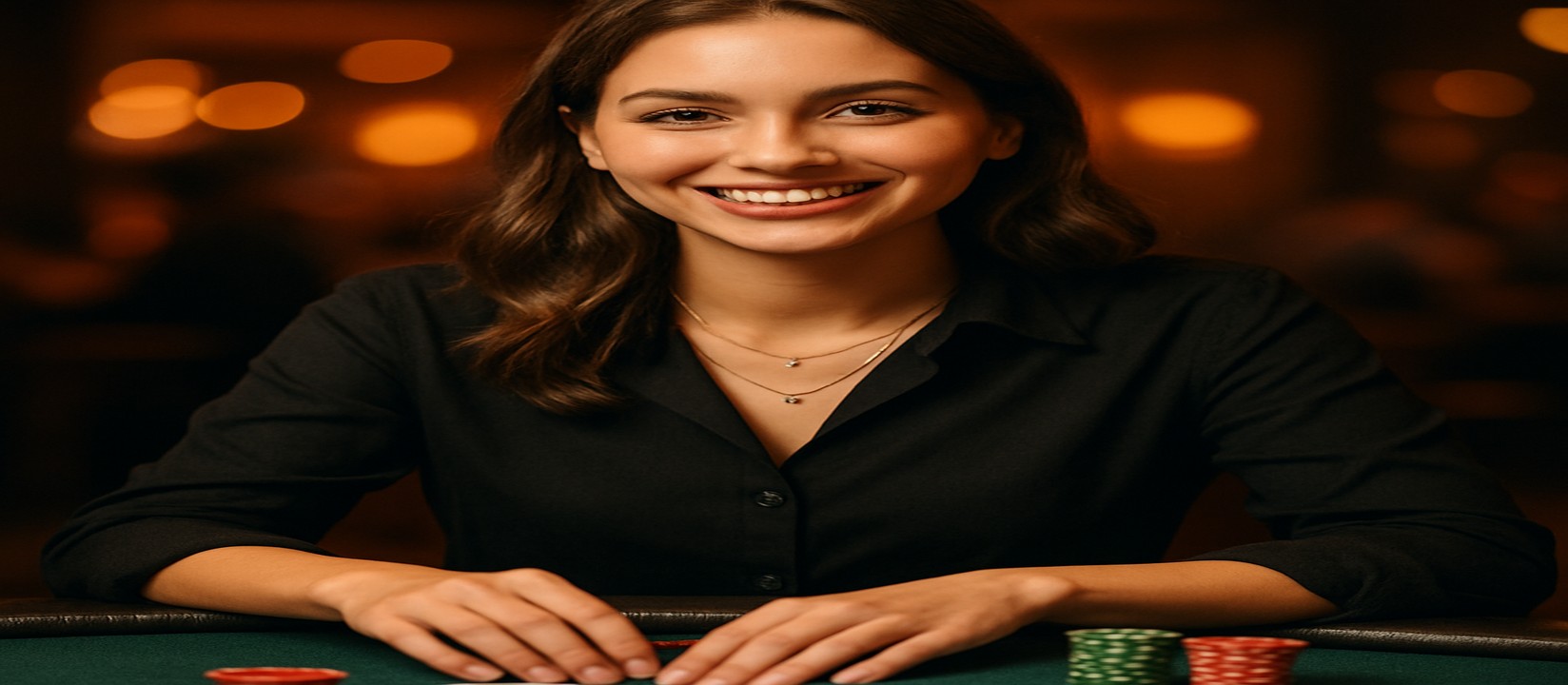 kg99999 গেমিং প্ল্যাটফর্মে একটি হাস্যোজ্জ্বল মেয়ে ডিলার কার্ড টেবিলে বসে সামনে খেলার সামগ্রী ও কার্ড নিয়ে বিস্তৃত গেমের নির্বাচন প্রস্তাব করেন