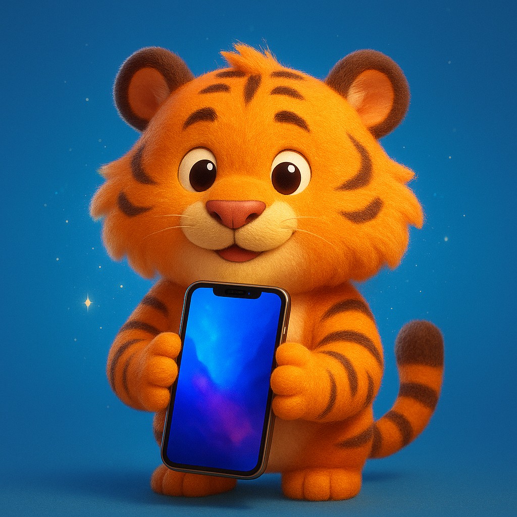 একটি কার্টুন টাইগার বাচ্চা তার মুঠোয় একটি স্মার্টফোন ধরে আছে, সঙ্গে রয়েছে দ্রুত ও নির্ভরযোগ্য kg99999 অ্যাপ