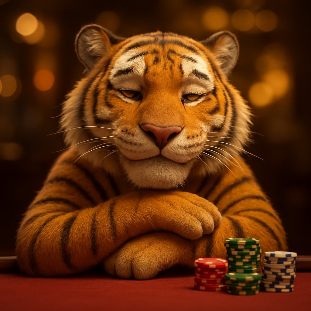 একটি হাসিখুশি বাঘশাবক kg99999 গেমিং প্ল্যাটফর্মে একটি খেলার টেবিলে চিপসসহ বসে আছে