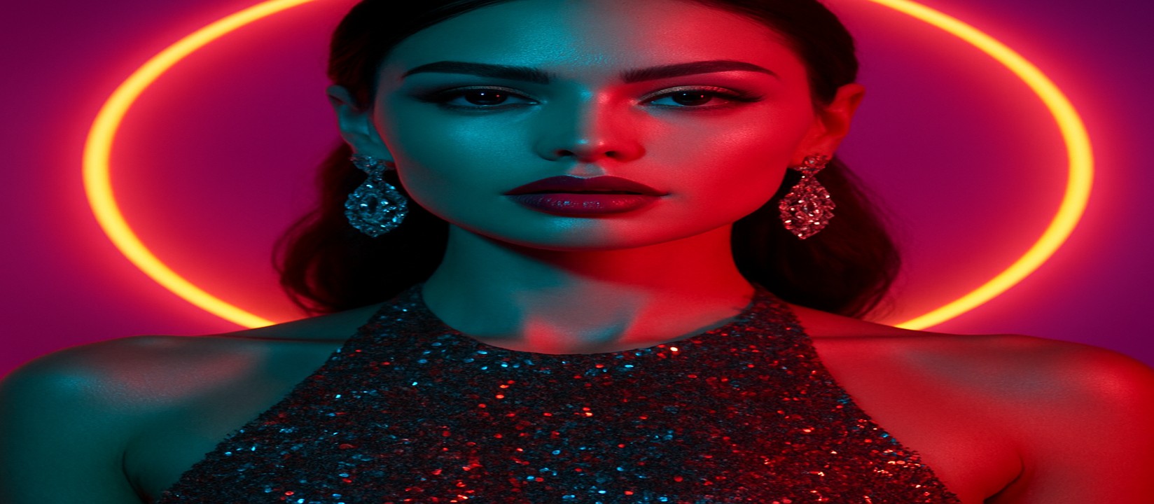 একজন সিকুইন পোশাক পরা নারী উজ্জ্বল রঙের গেমিং প্ল্যাটফর্ম হুইলের সামনে ভঙ্গিমা দিচ্ছেন