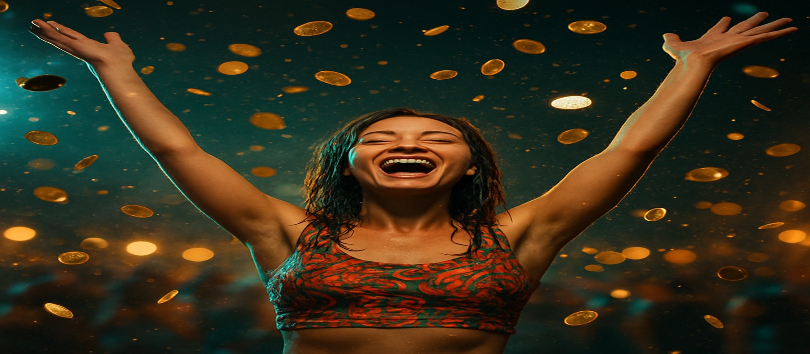 kg99999 গেমিং প্ল্যাটফর্মে কয়েনের বর্ষণে একটি রঙিন টপ পরে একজন নারী