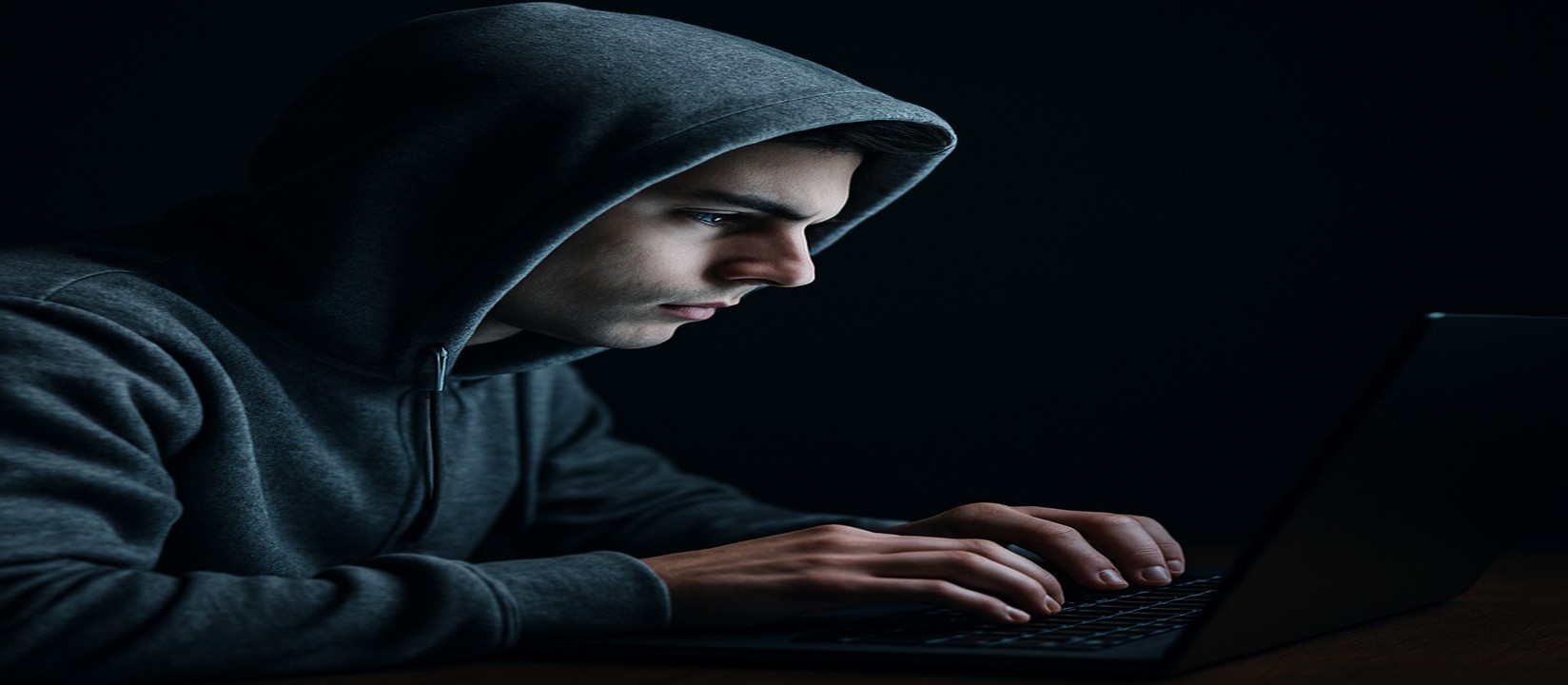 একজন ব্যক্তি অন্ধকারে ল্যাপটপে বসে মনোযোগপূর্ণ চেহারা নিয়ে kg99999 ওয়েবসাইটে অনলাইন গেমিং করছেন